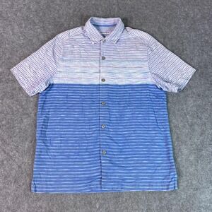 Tommy Bahama Shirt Mens Large Blue White Silk Striped Short Sleeve Button Up